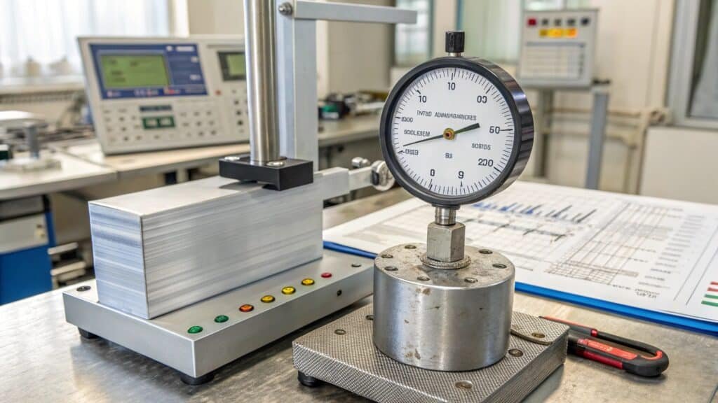 alt with keywords: engineer looking at blueprints for an aluminum structure, calculating load capacity